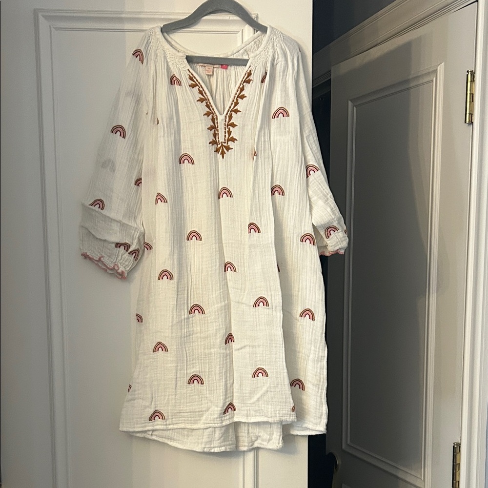 Pink chicken kids White Gauze Dress with Terracotta Rainbow Embroidery size 12